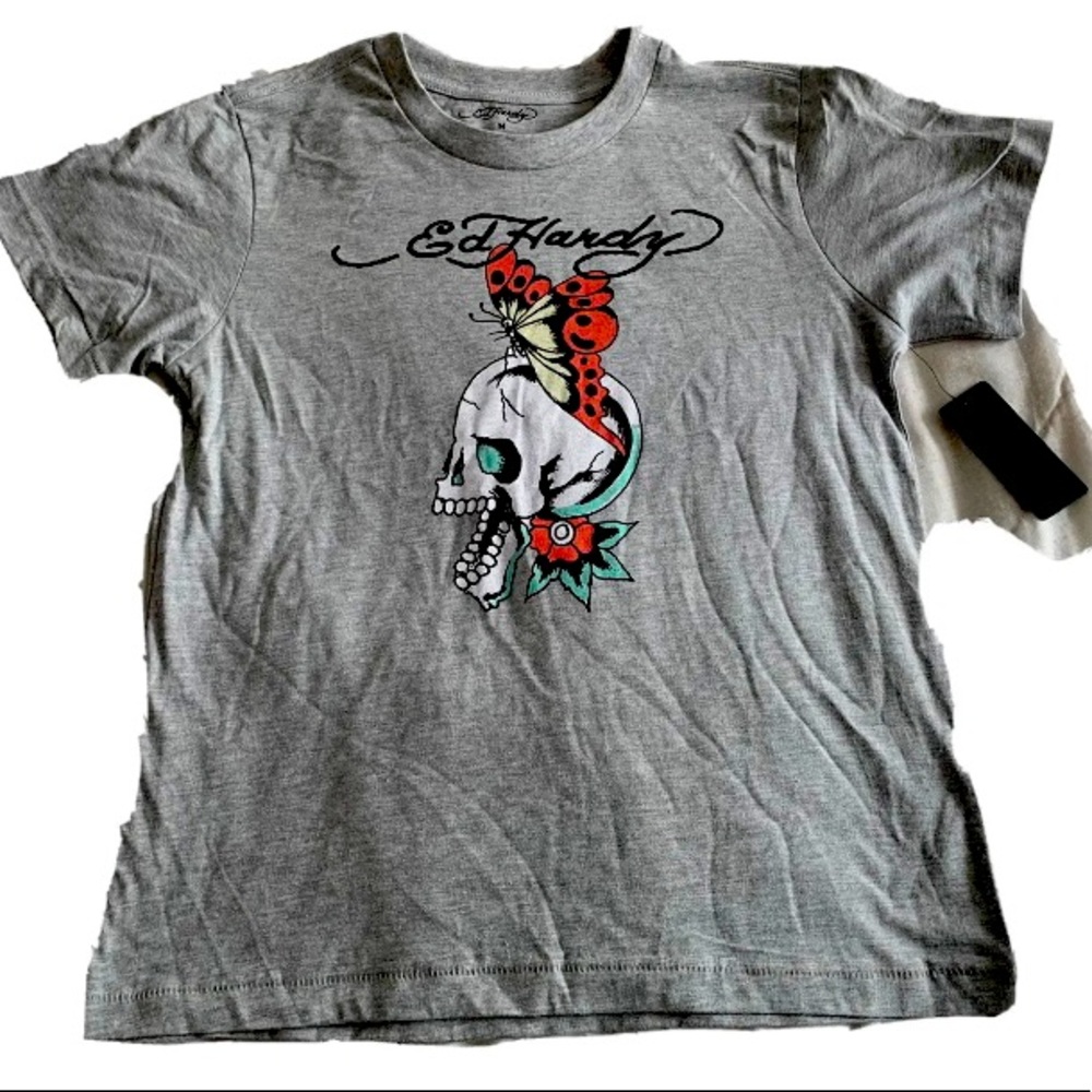 Ed Hardy Women’s Gray T Shirt Medium Skull & Butterfly Graphic Print NWT